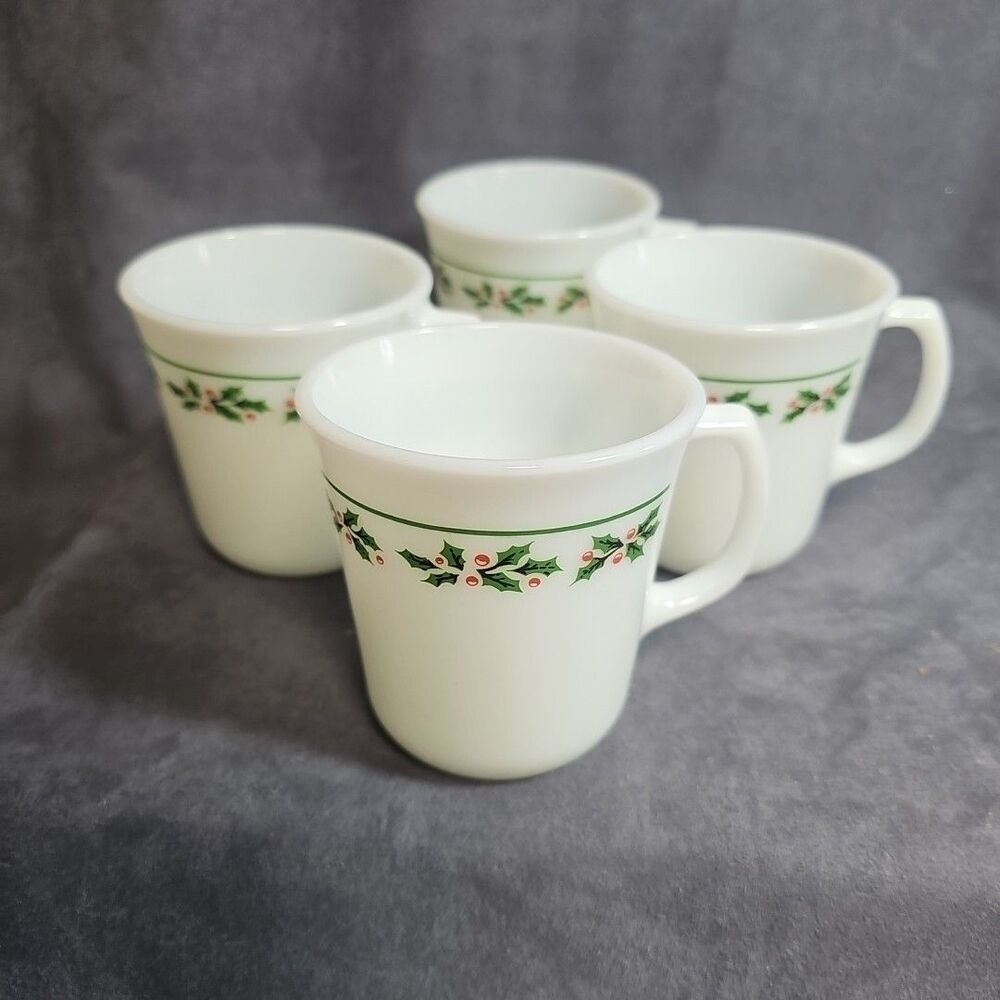 Vintage Corning USA Milk Glass Holly Days Pattern Coffee Cups Mugs 8oz. Set of 4